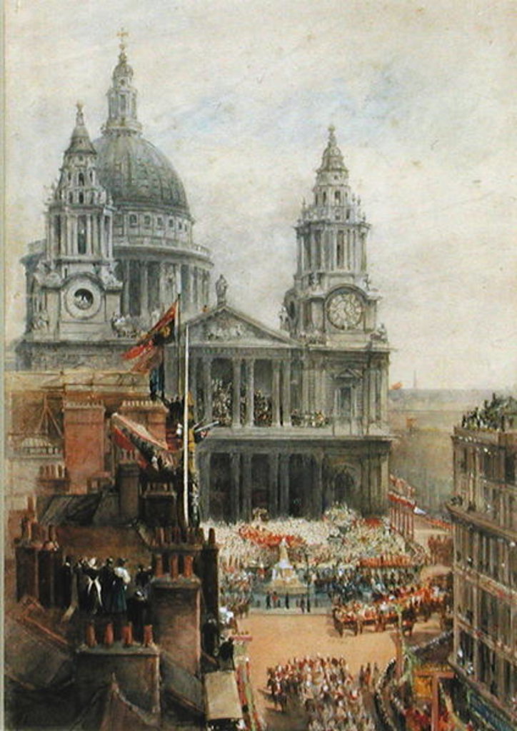 Detail of Watching Queen Victoria's Jublilee celebrations outside St. Pauls by English School