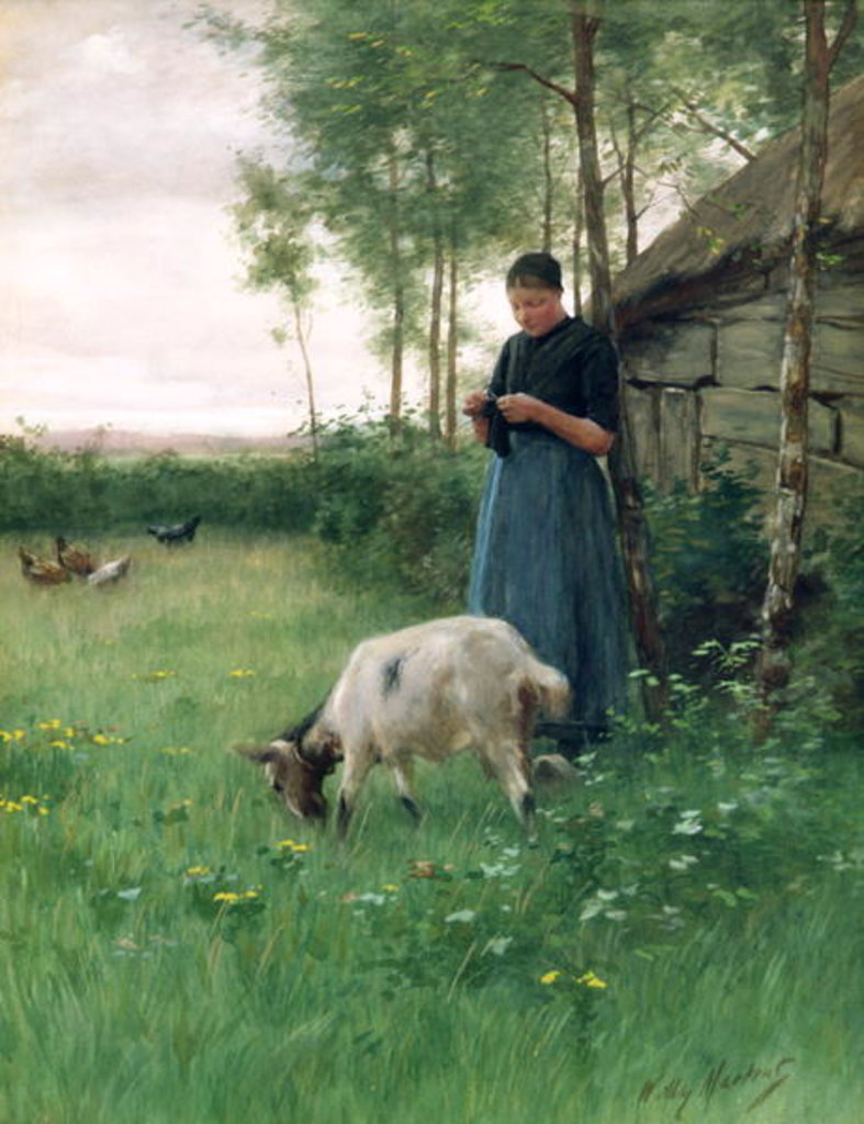 Detail of A Dutch girl with goat and chickens, c.1910 by Willy Martens