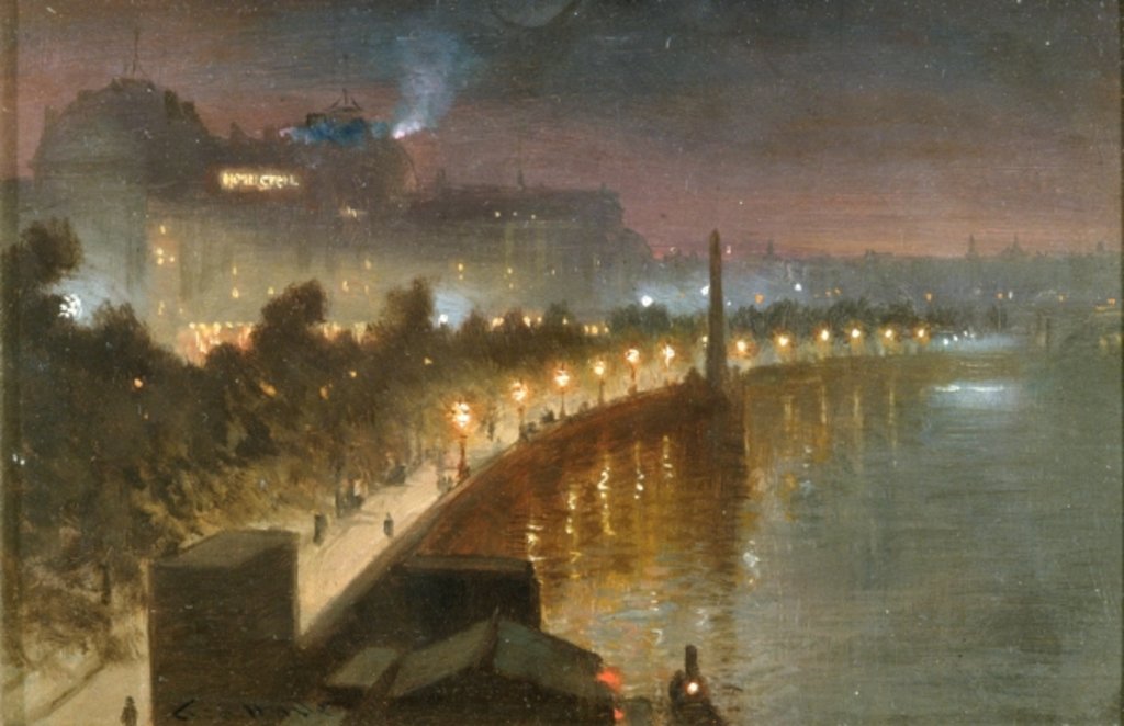 Detail of The Embankment and Cleopatra's Needle at Night, London, c.1910 by George Hyde Pownall