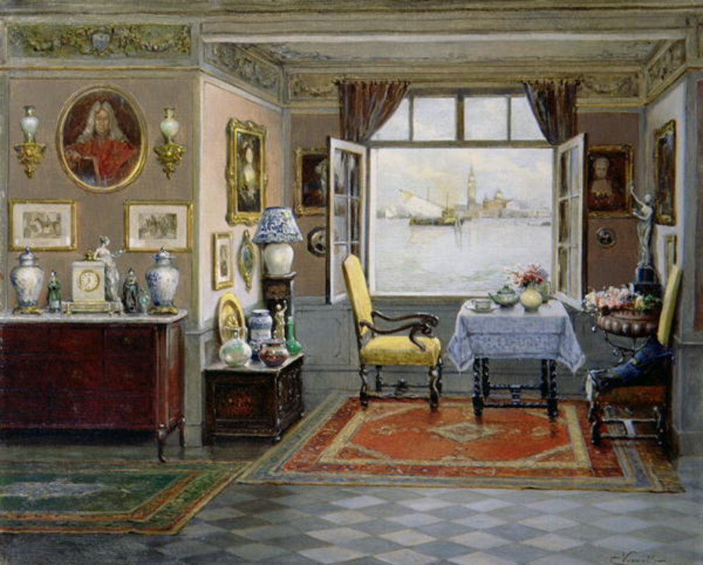 Detail of A Venetian home with a view of San Giorgio Maggiore from an open window, c.1900 by Cesare Vianello