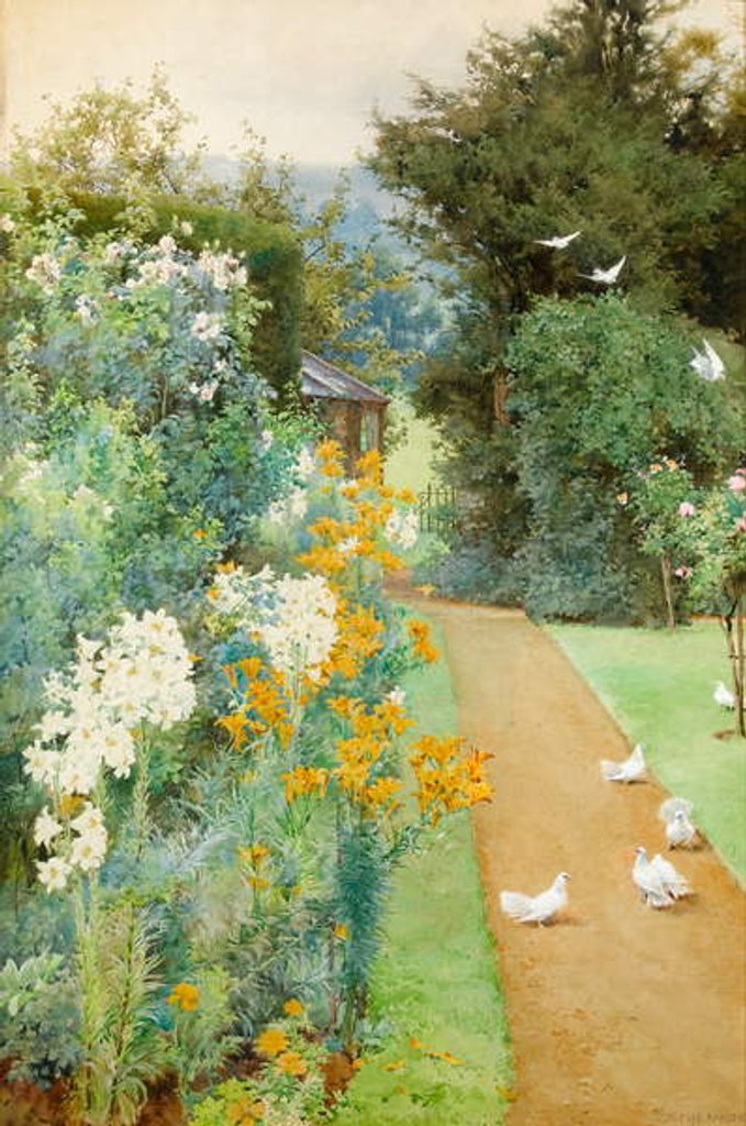 Detail of Lilies and Doves in a Corner of my Garden by Alfred Parsons