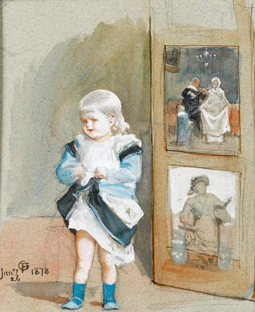 Detail of Frederica, the artist's daughter, standing by a painted screen, 1878 by Frederick Goodall