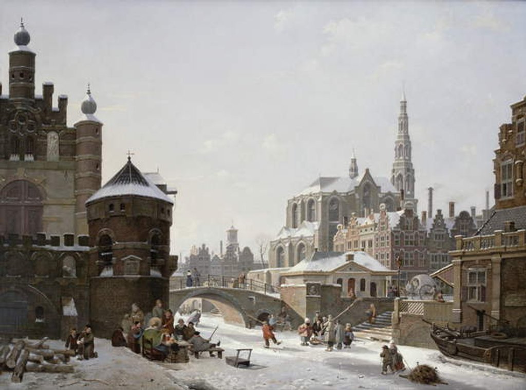 Detail of A Capriccio View of a Town with Figures on a Frozen Canal by Jan Hendrik Verheyen