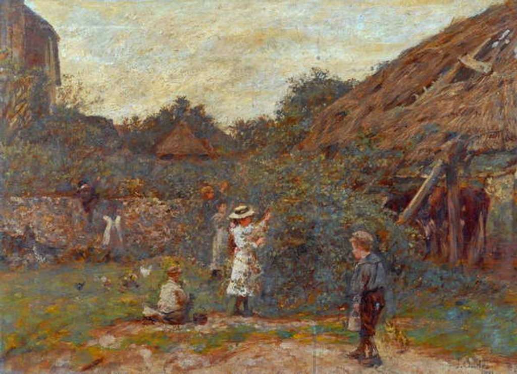Detail of Scene in farmyard with children picking fruit, 1901 by Charles James