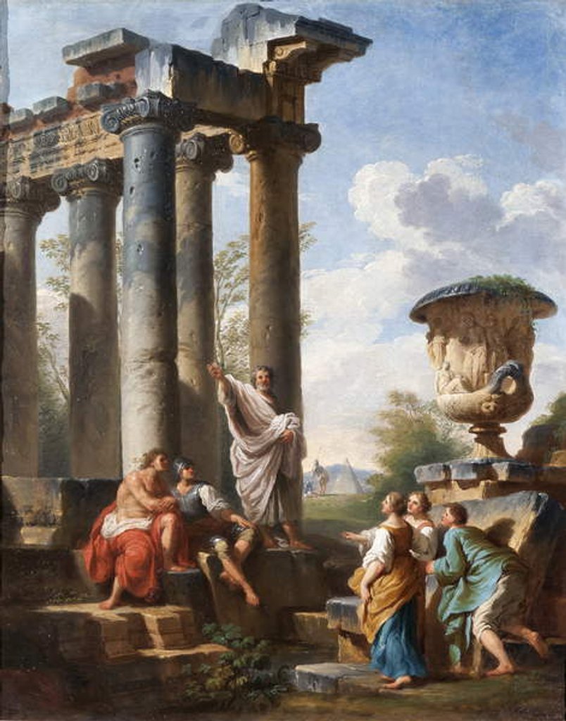 Detail of Capriccio with the preaching of a saint, the Medici vase, a ruined temple and the Pyramid of Cestius, c.1745 by Giovanni Paolo Pannini or Panini