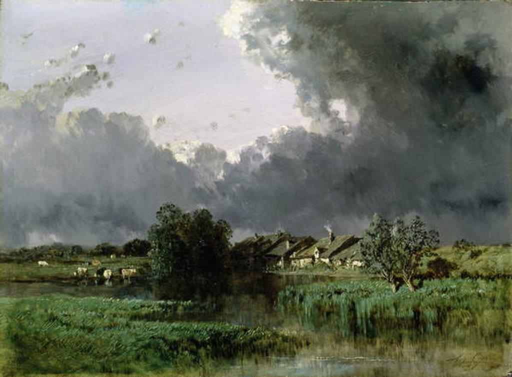 Detail of Hamlet at the edge of a pond, 1849 by Eugene Ciceri