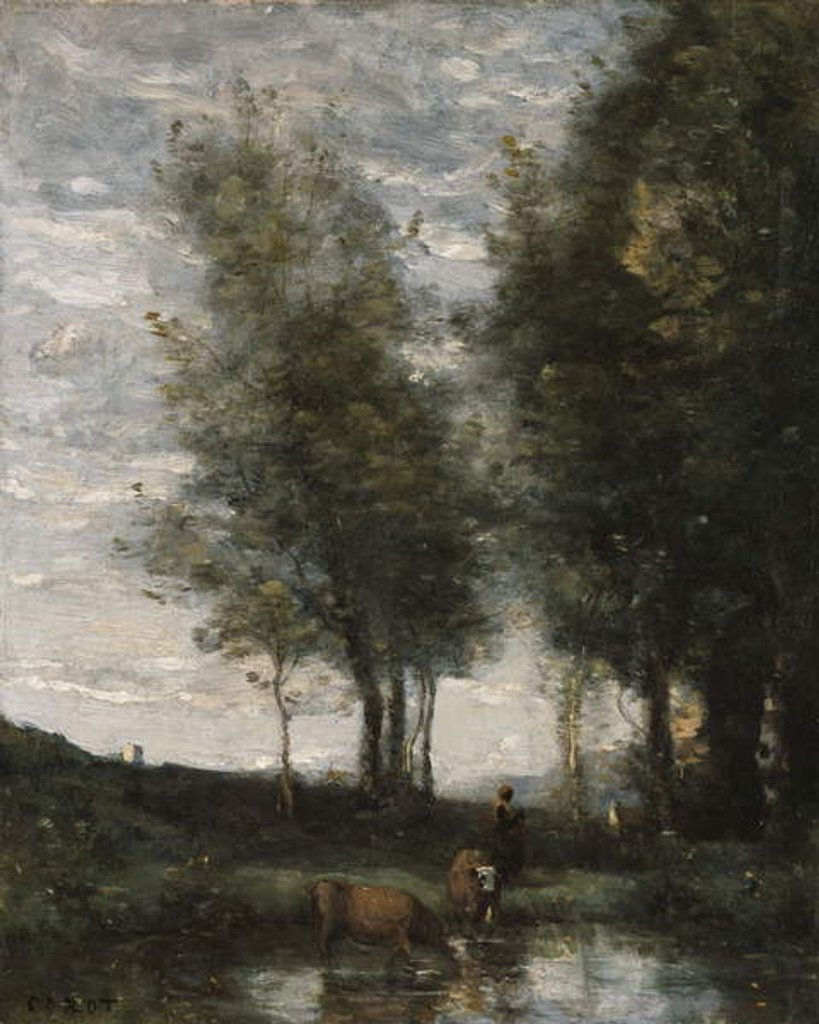 Detail of The pond, cowherd by Jean Baptiste Camille Corot