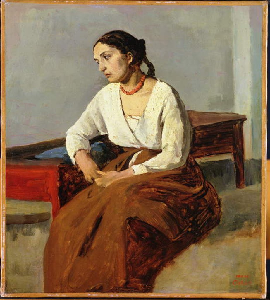 Detail of Seated Woman in Brown Skirt by Jean Baptiste Camille Corot