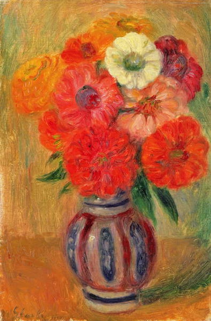 Detail of Zinnias in a Striped Blue Vase by William James Glackens