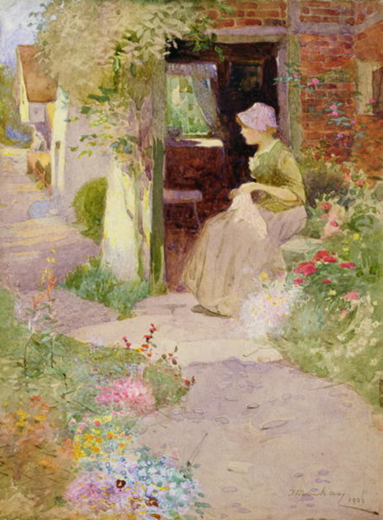 Detail of A Girl Sewing at the Door of a Cottage, 1906 by Thomas Mackay