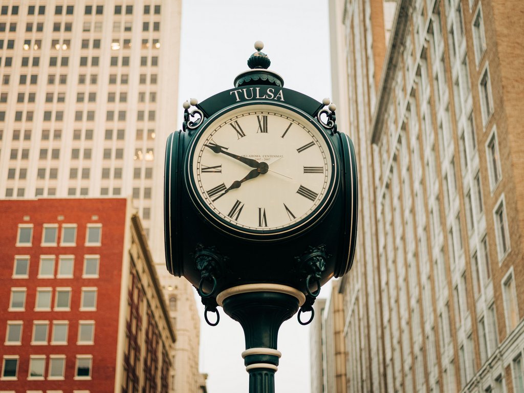 Detail of Centennial Clock and buildings in downtown Tulsa, Oklahoma, USA by Jon Bilous