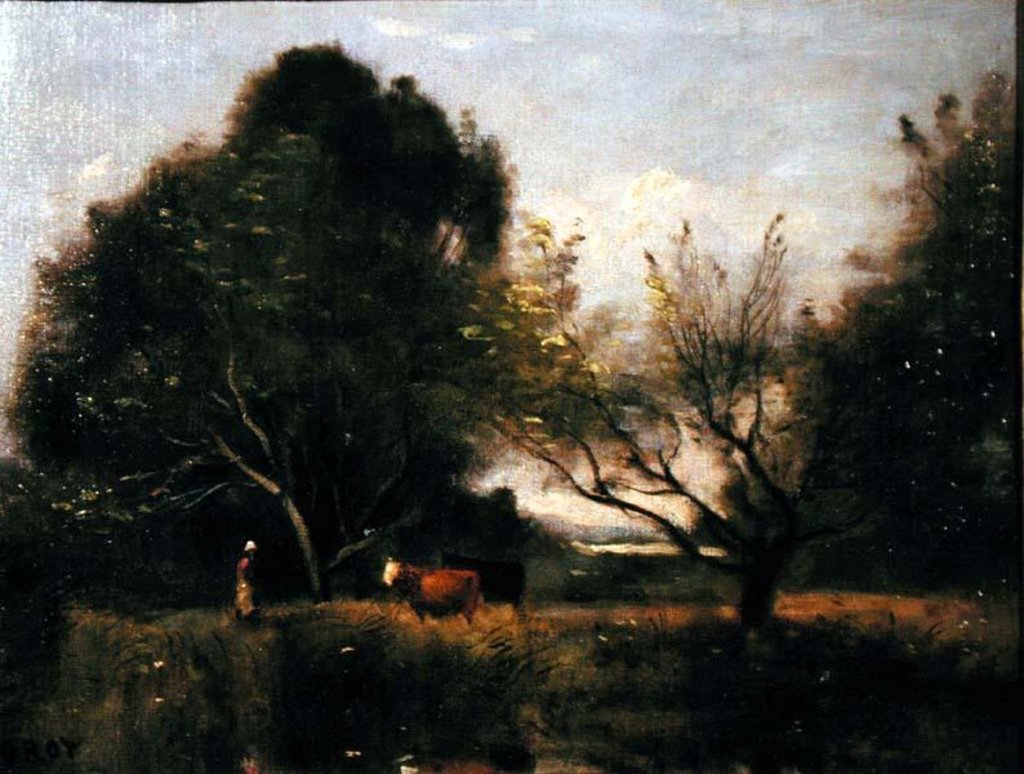 Detail of Landscape with Cattle by Jean Baptiste Camille Corot