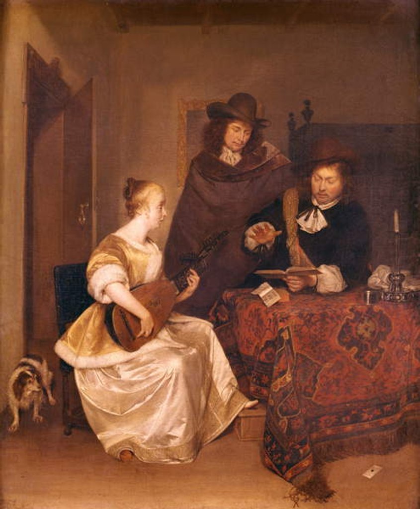 Detail of A Young Woman Playing a Theorbo to Two Men, 1667-68 by Gerard ter Borch or Terborch