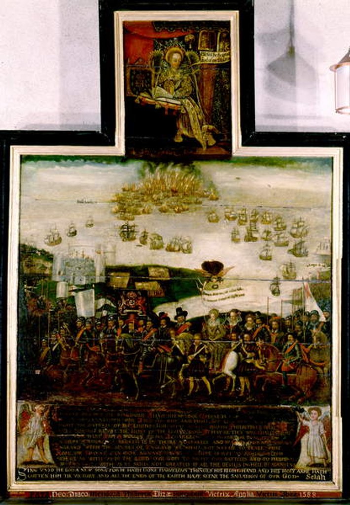 Detail of Queen Elizabeth I arriving in Tilbury and the English defeat of the Spanish Armada of 1588 by English School