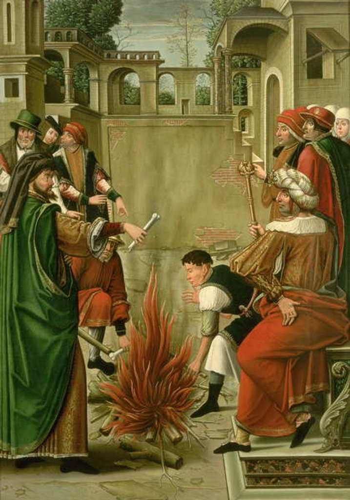 Detail of Emperor Julian the Apostate burning the bones of St. John the Baptist by Master of the St. Johns Retable