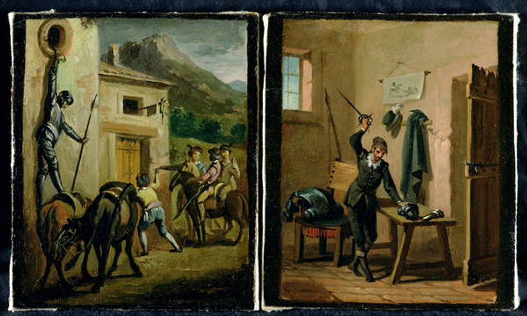 Detail of Don Quixote hanging from the window and preparing his armour, two scenes from the novel by Cervantes by Zacarias Gonzalez Velazquez