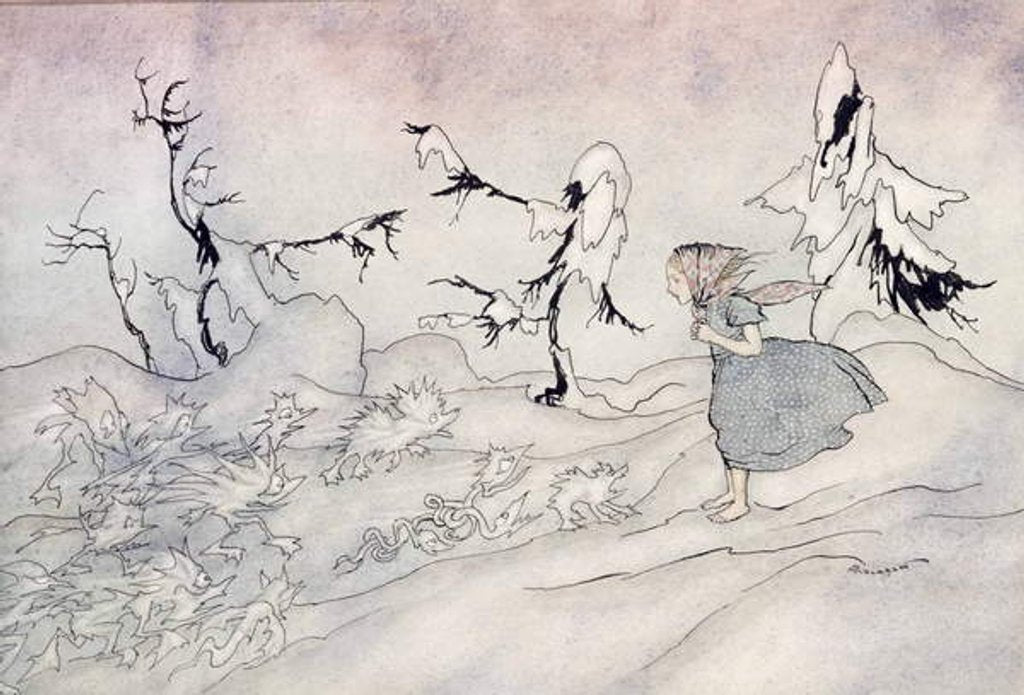 Detail of Gerda is terrified by the Snow Queen's advance guard, but she said 'Our Father' and is rescued by little bright angels by Arthur Rackham