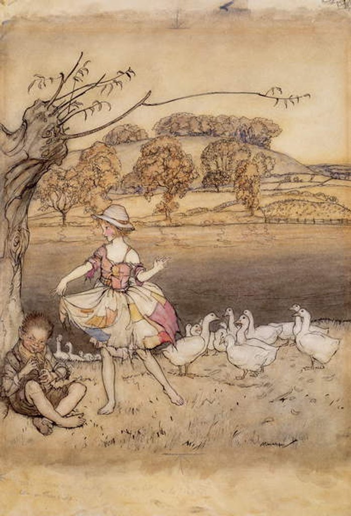 Detail of Tattercoats dancing while the gooseherd pipes by Arthur Rackham