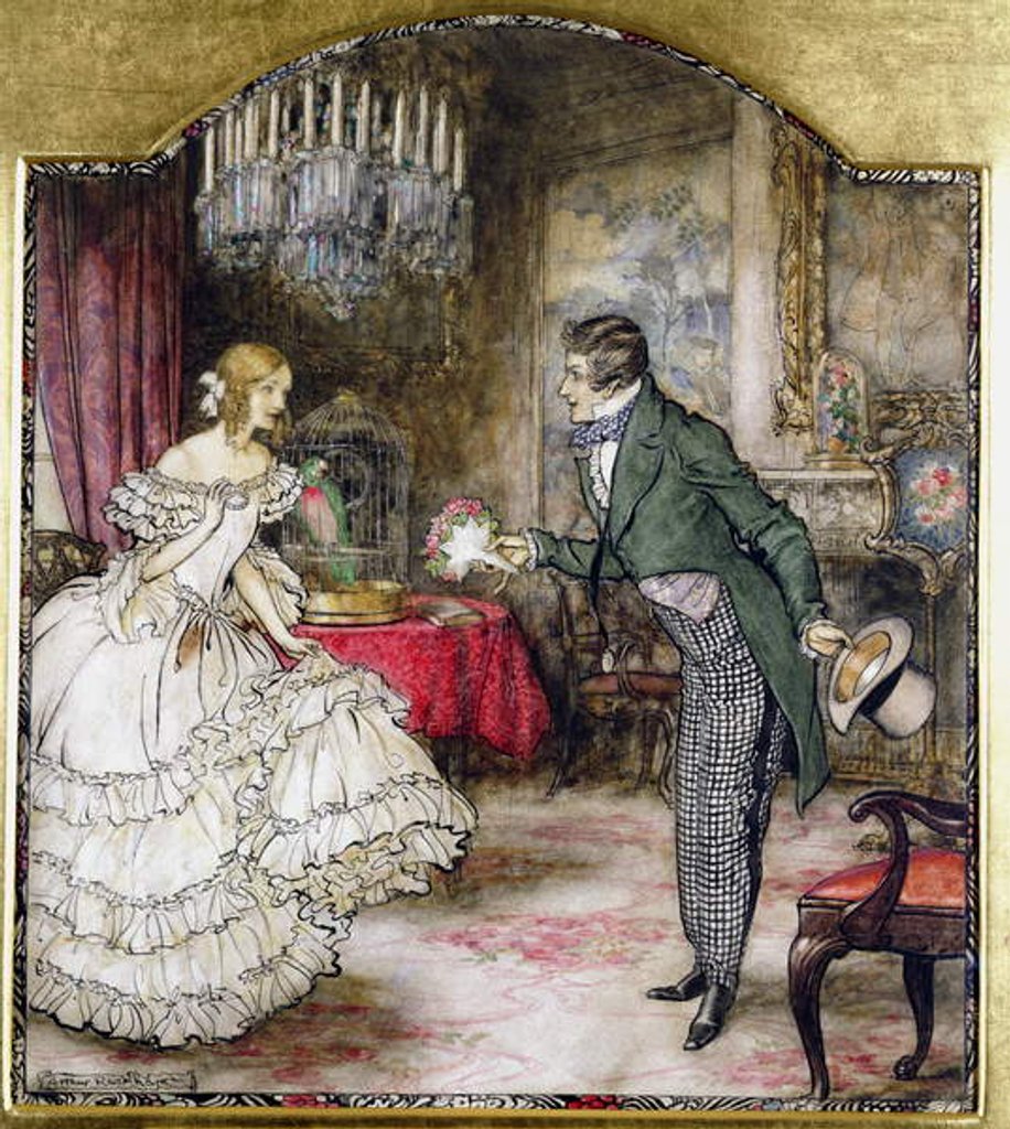 Detail of A young man presenting a bouquet to a girl standing in a drawing room by Arthur Rackham