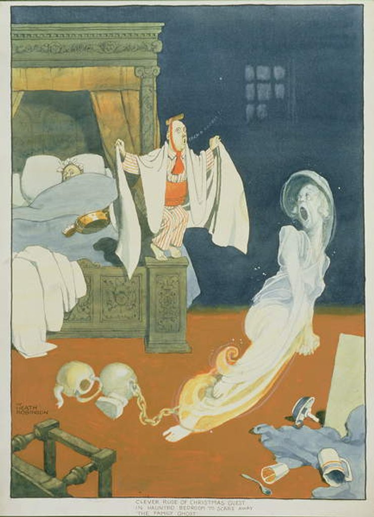 Detail of Clever ruse of Christmas guest in haunted bedroom to scare away the family ghost by William Heath Robinson