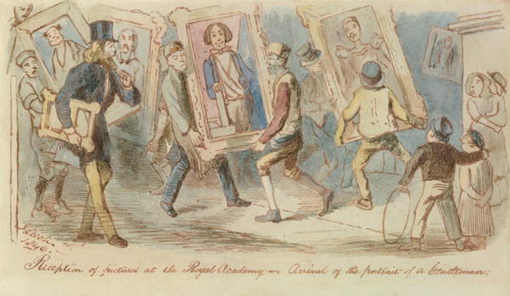 Detail of Reception of pictures at the Royal Academy - Arrival of the Portrait of a Gentleman, 1846 by John Leech