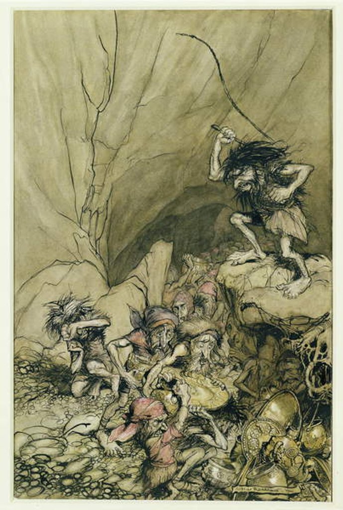 Detail of Alberich drives in a band of Nibelungs laden with gold and silver treasure by Arthur Rackham