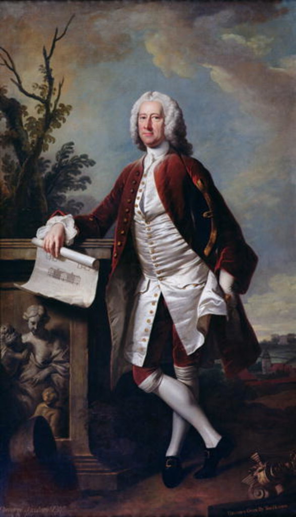 Detail of Portrait of Theodore Jacobsen, architect of the Foundling Hospital, shown holding a drawing of the West Front, c.1742 by Thomas Hudson