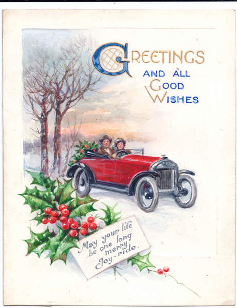 Detail of Original artwork for a Christmas card of a red car and holly, circa 1951 by (after) English School