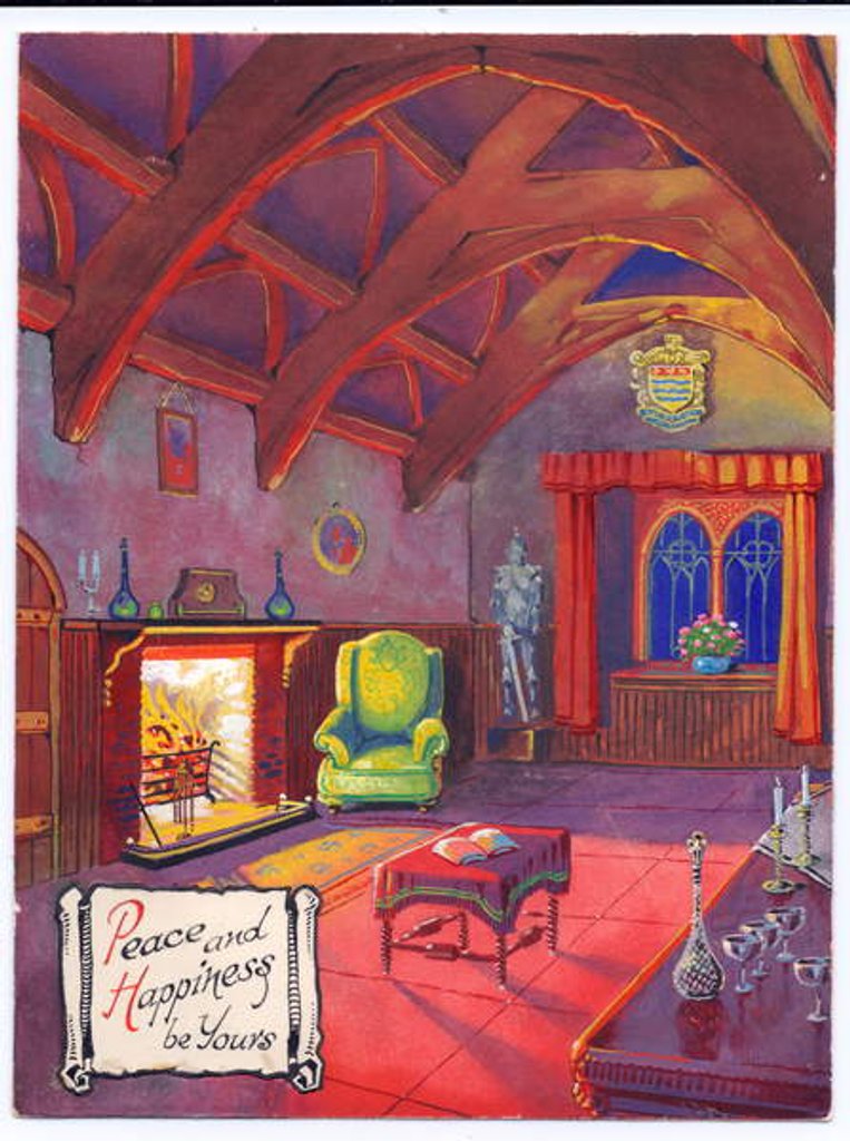 Detail of Original artwork for a Christmas card of a roaring fire in a baronial hall, circa 1953 by English School