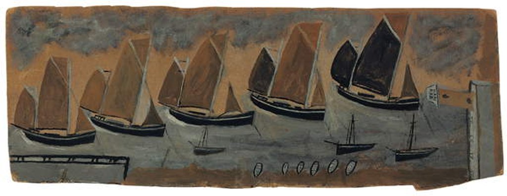 Detail of St. Ives Harbour with five sailing boats by Alfred Wallis