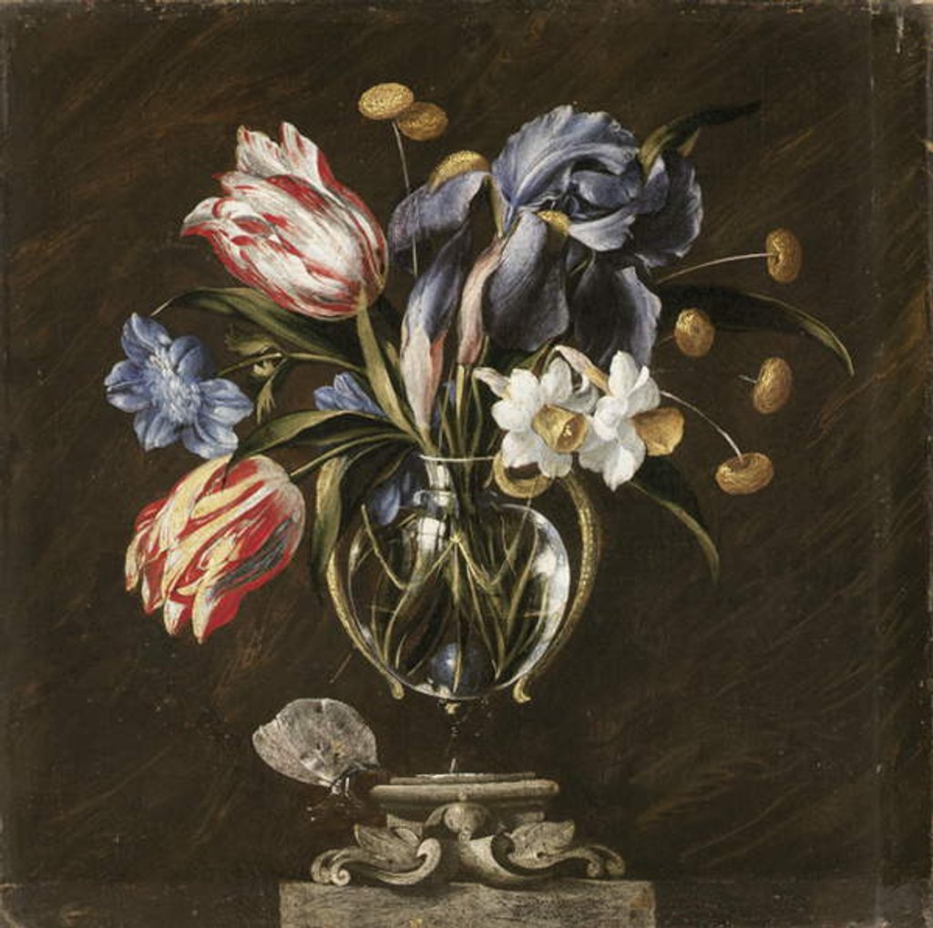 Detail of Tulips, daffodils, irises and other flowers in a glass vase on a sculpted stand, with a butterfly by Juan de Arellano