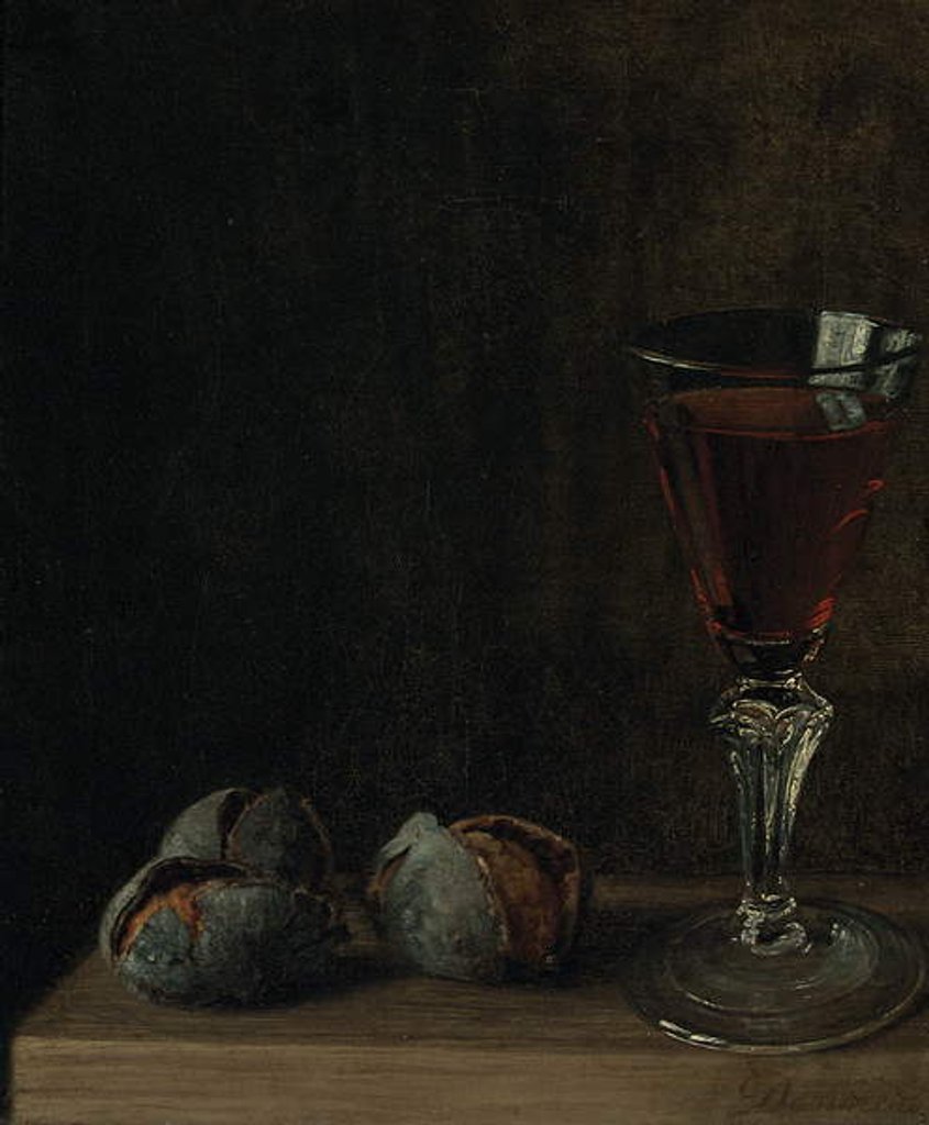 Detail of A glass of wine with walnuts on a table by Balthasar Denner