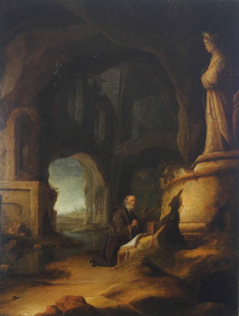 Detail of A hermit at prayer in a grotto with classical ruins by Jan Adriansz van Staveren