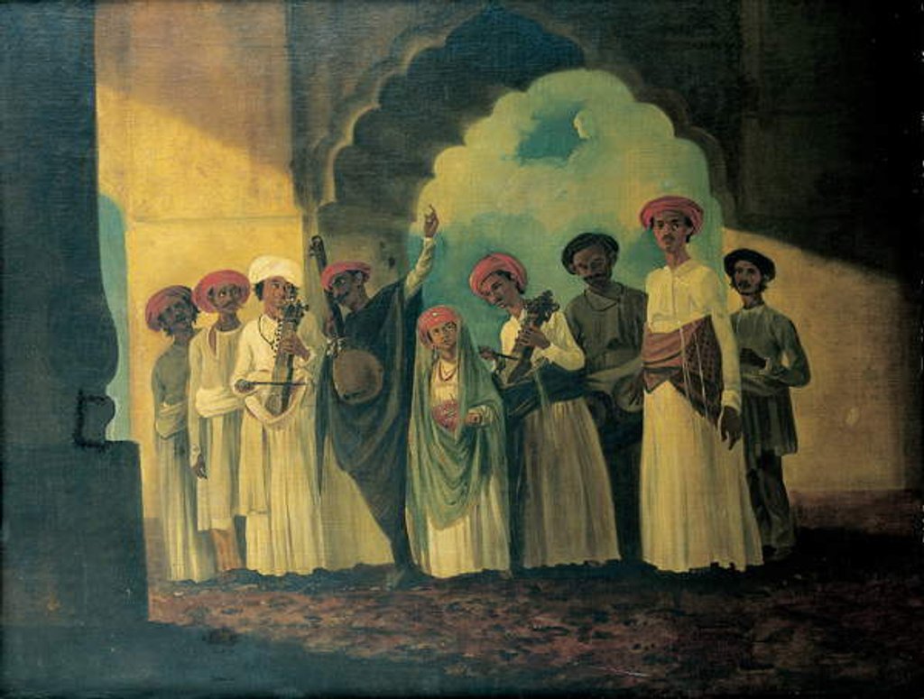 Detail of Group of Indian musicians playing a sarangi, a tambura and tablas, with a girl dancing on a terrace by William Hodges