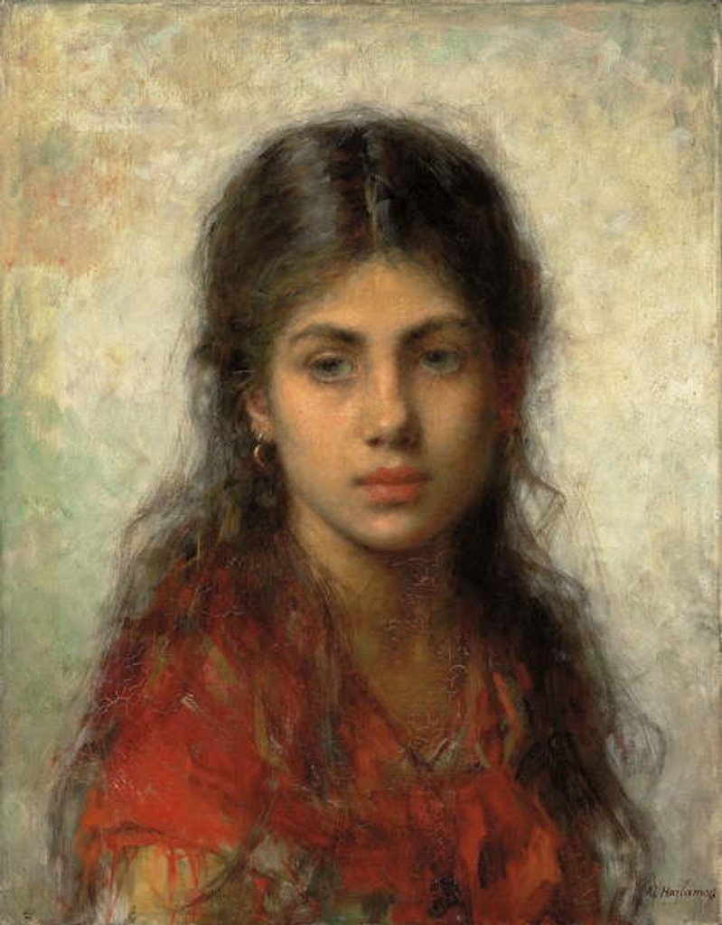 Detail of Girl with a Red Shawl, by Alexei Alexevich Harlamoff