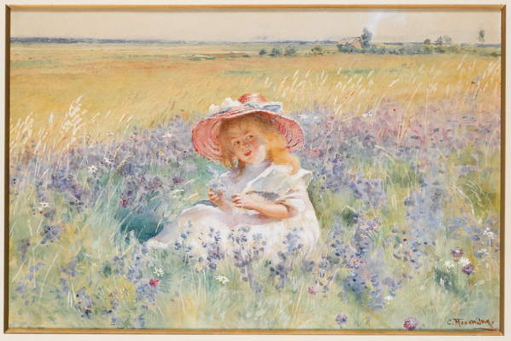 Detail of A Young Girl in a Field of Salvia, Oxeye Daisies and Meadow Foxtail by Konstantin Egorovich Makovsky