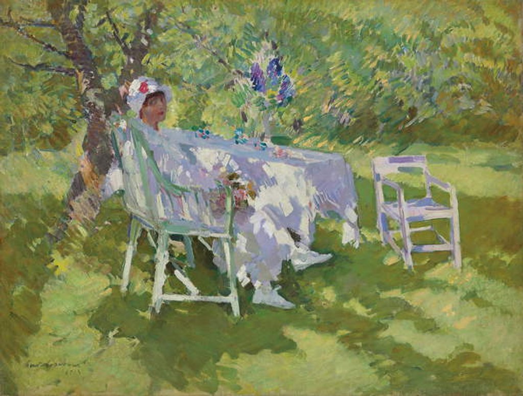 Detail of A Lady in White Seated in a Garden, 1915 by Konstantin Alekseevich Korovin