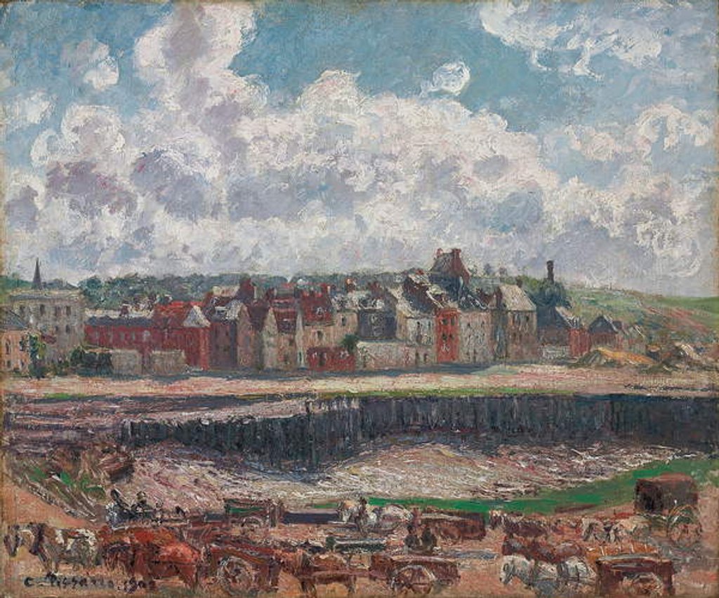 Detail of Horses and Carts in Front of the Fishing Harbour, Dieppe, at Low Tide; Chevaux et charrettes devant la darse de peche, Dieppe, maree basse, 1902 by Camille Pissarro