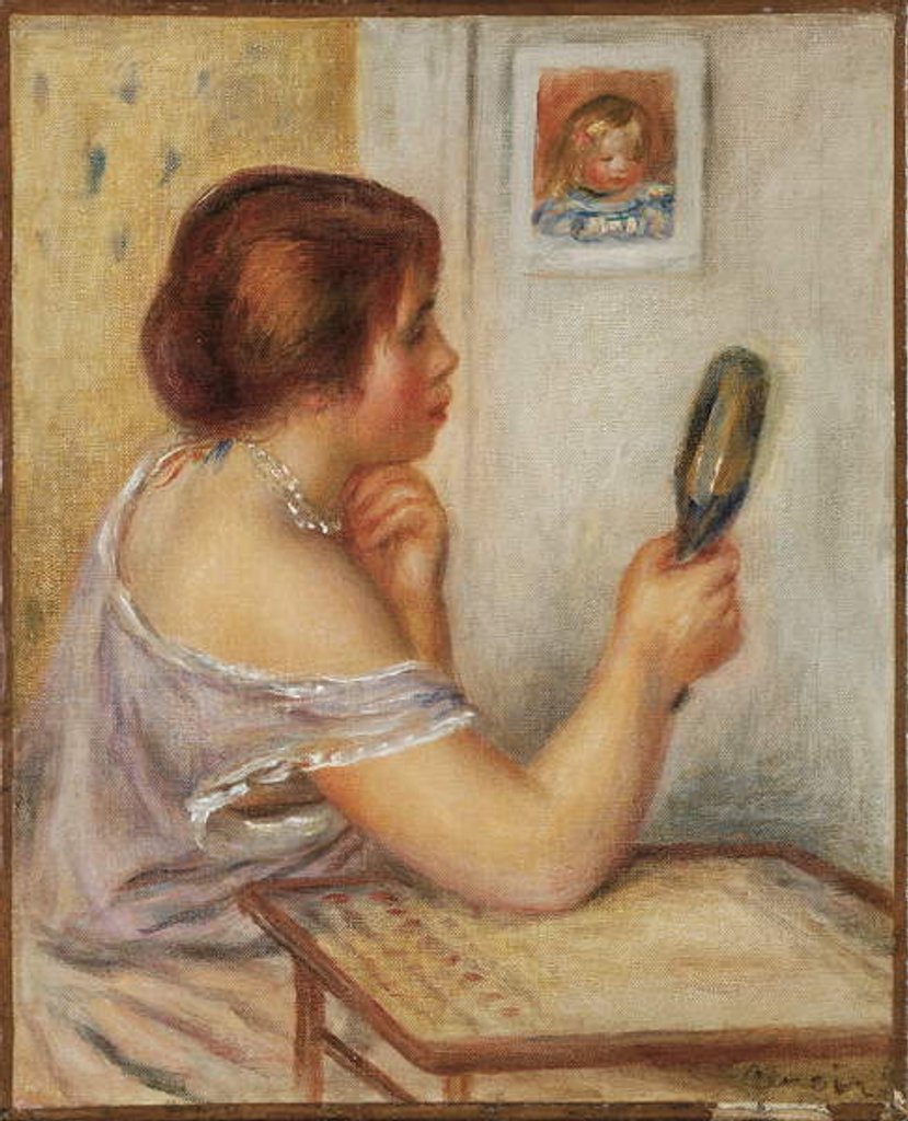 Detail of Gabrielle Holding a Mirror or Marie Dupuis Holding a Mirror with a Portrait of Coco, early 1900s by Pierre Auguste Renoir