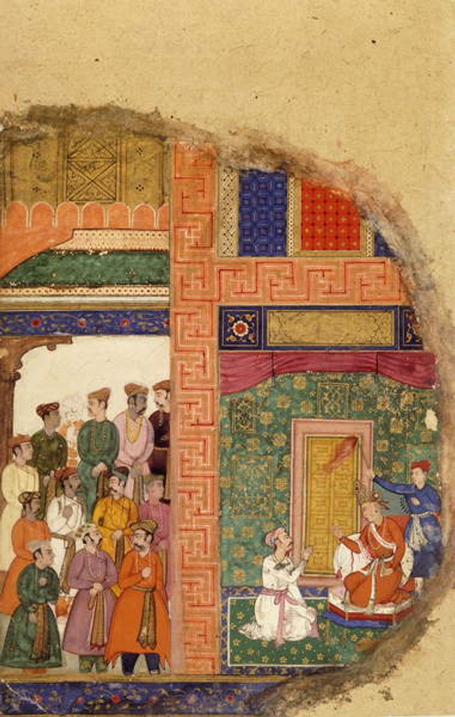 Detail of King Dasaratha Conversing with the Family Priest about Rama's Regency Inside the Palace, Whilst Courtiers and Ministers Await in the Courtyard, c.1595 by Mughal School