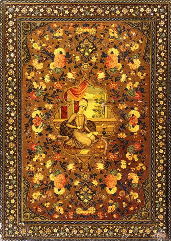 Detail of A Zand book cover painted with a central seated figure within an interior, surrounded by floral sprays by Persian School