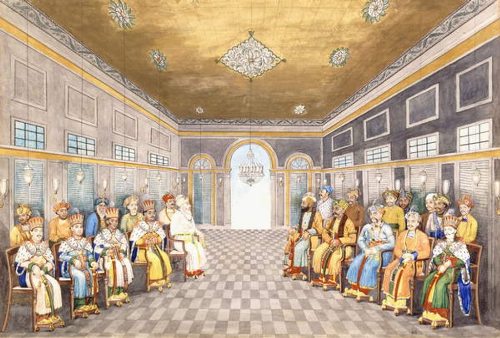 Detail of The Nawabs and Kings of Oudh in a palace interior with their servants in attendance, c.1800 by Indian School