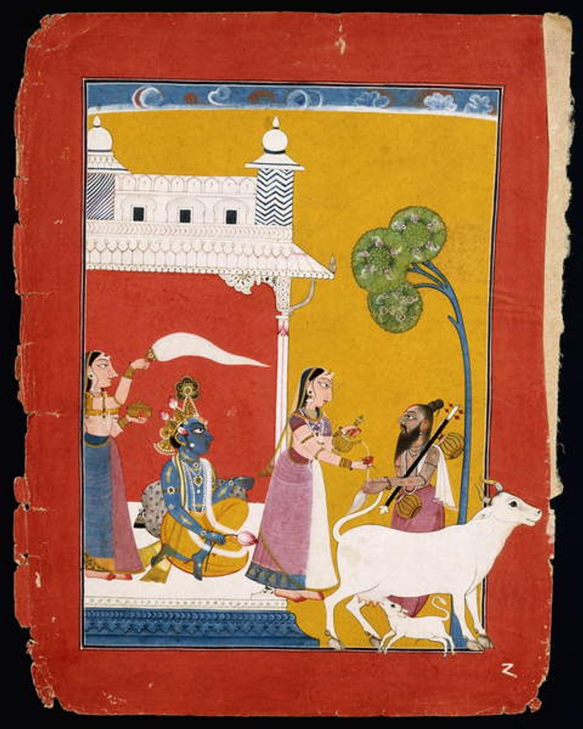 Detail of Rukmini offering water to the sage Narada while her consort Krishna sits in her house, c.1725-1730 by Indian School