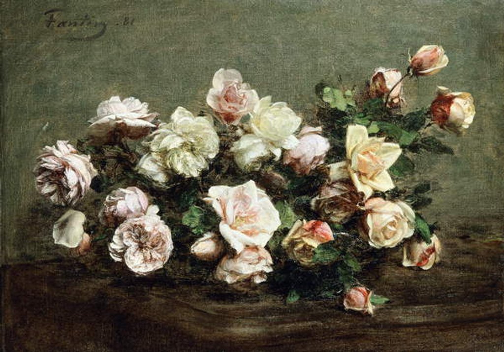 Detail of Vase of White Roses on a Table; Vase de Roses Blanches et Roses sur la Table by Ignace Henri Jean Fantin-Latour