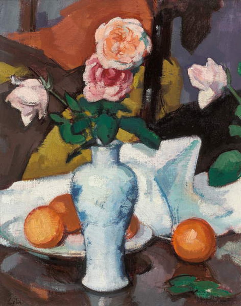 Detail of Roses in a Vase with Oranges and a White Tablecloth, by Samuel John Peploe