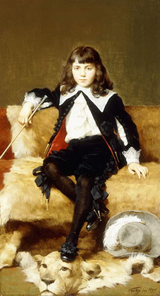 Detail of Portrait of a Boy, seated full length, on a Sofa Draped with a Lion Skin by Geza Vastagh
