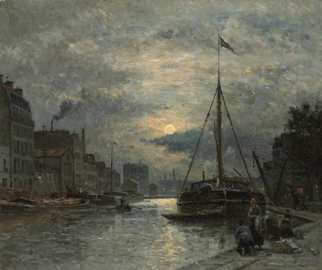 Detail of The Saint-Martin Canal at Moonlight; Le Canal Saint-Martin au Clair de Lune, by Stanislas Victor Edouard Lepine