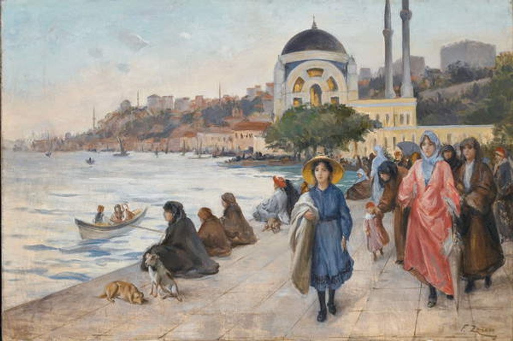Detail of Mafalda on the Banks of the Bosphorus, the Dolmabahce Mosque in the Background by Fausto Zonaro