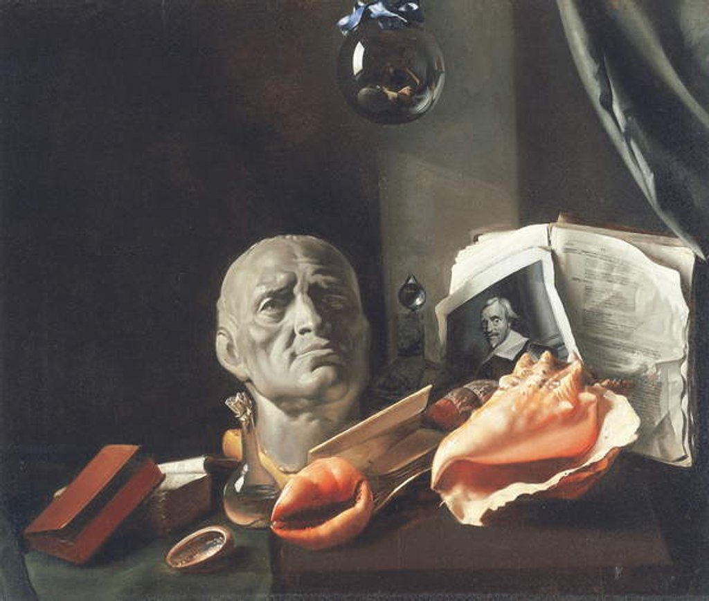 Detail of Vanitas still life with a bust, seashells, books and glass flasks by Dutch School