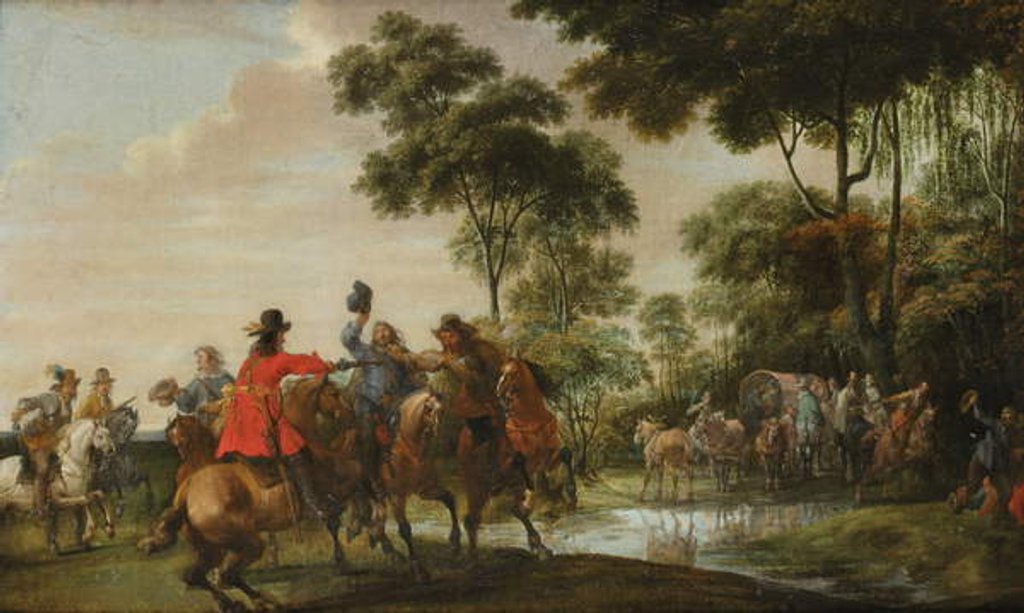 Detail of Highwaymen raiding a tilt car by a forest stream by Peeter (attr. to) Snayers